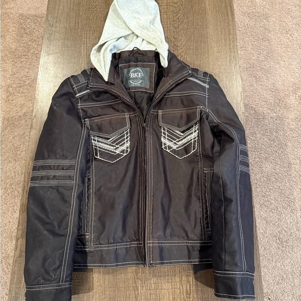 BKE kids Dark Brown Bomber Jacket with Light Gray Hood